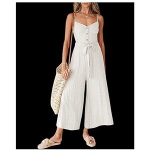 ANRABESS Linen Blend Button Front Wide Leg Jumpsuit Womens XL Ivory Coastal NWT